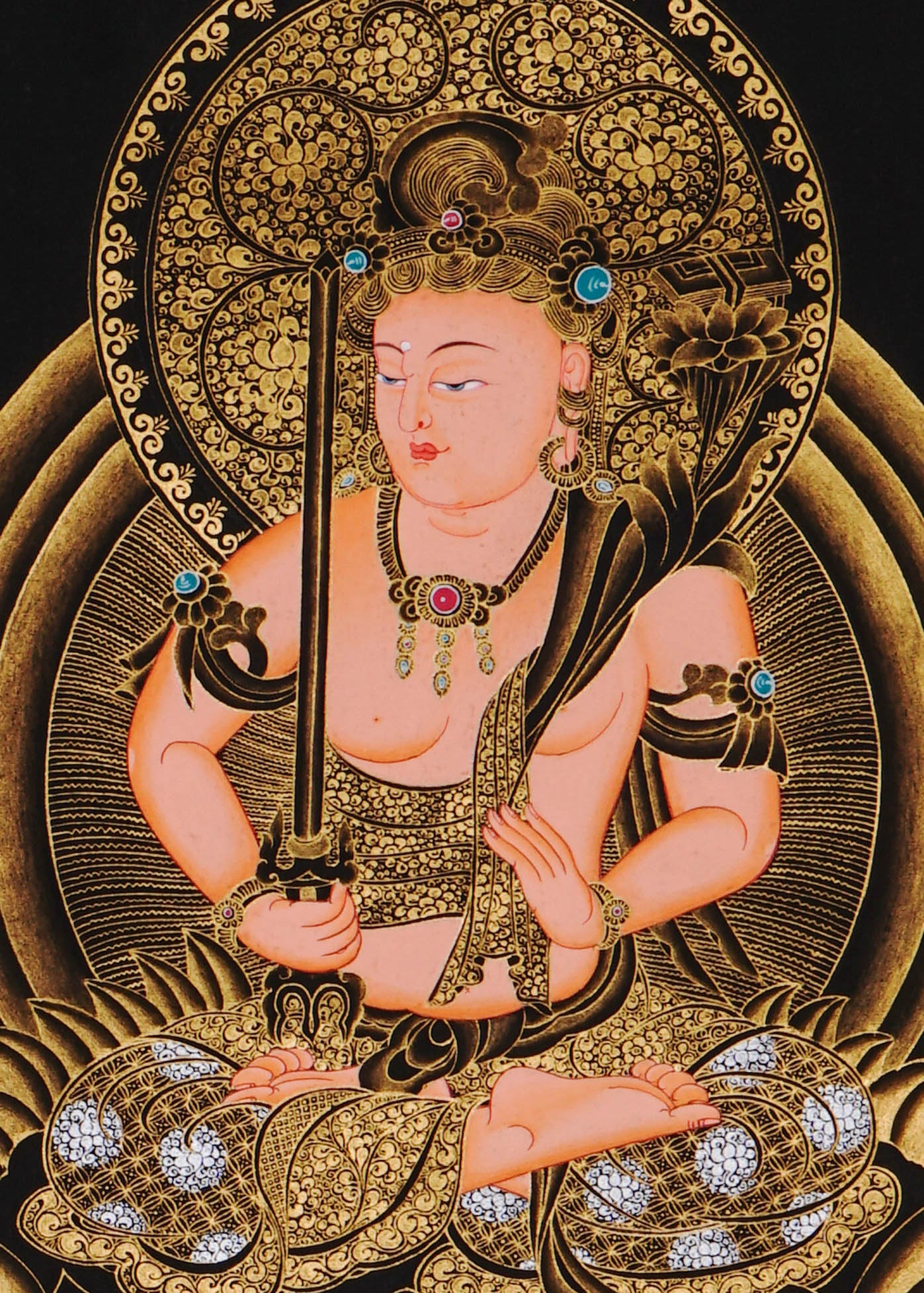 Monju Bosatsu thangka painting seated on sacred lion with wisdom sword in black and gold style