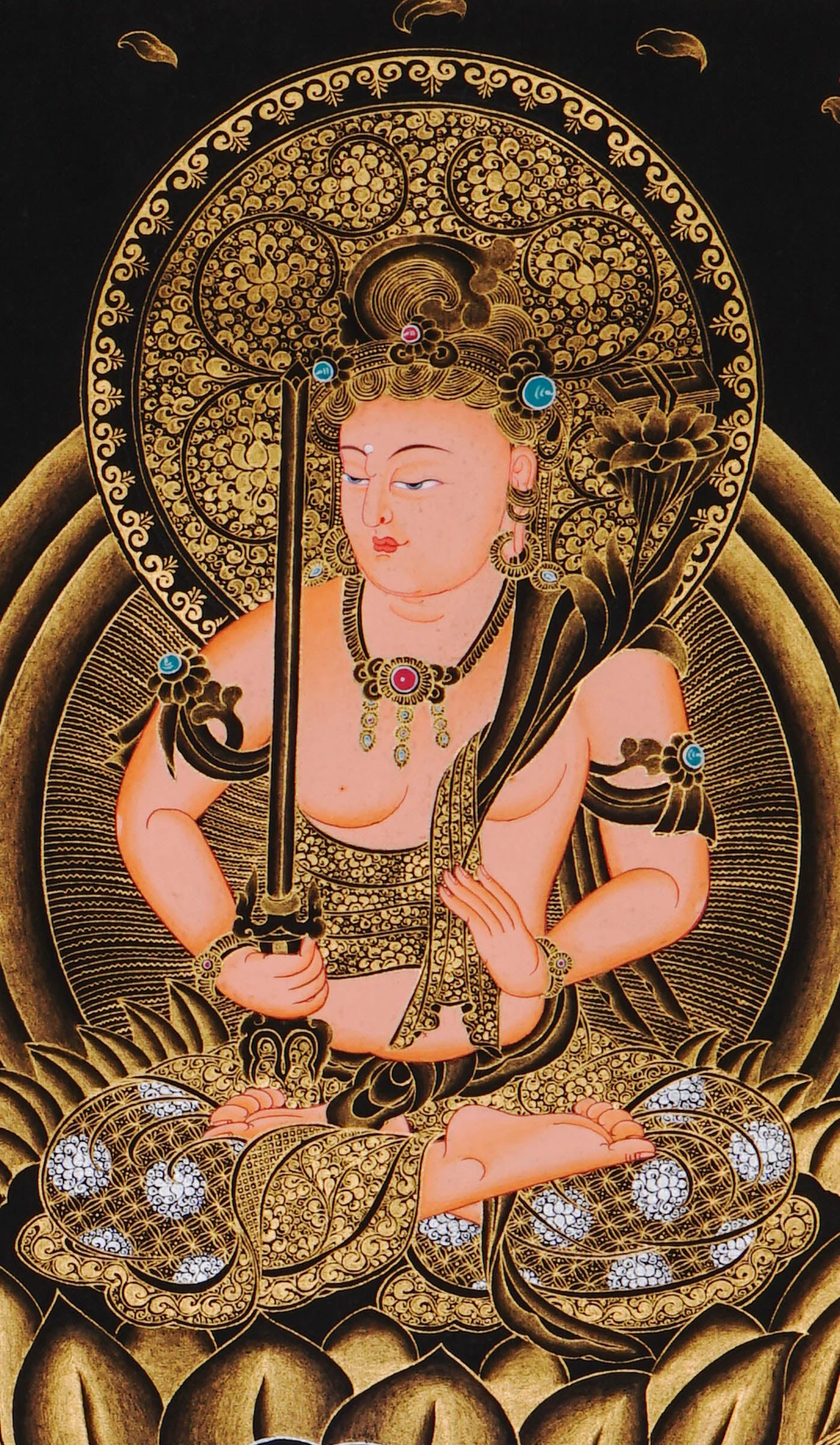 Monju Bosatsu thangka painting seated on sacred lion with wisdom sword in black and gold style