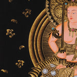 Monju Bosatsu thangka painting seated on sacred lion with wisdom sword in black and gold style