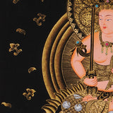 Monju Bosatsu thangka painting seated on sacred lion with wisdom sword in black and gold style
