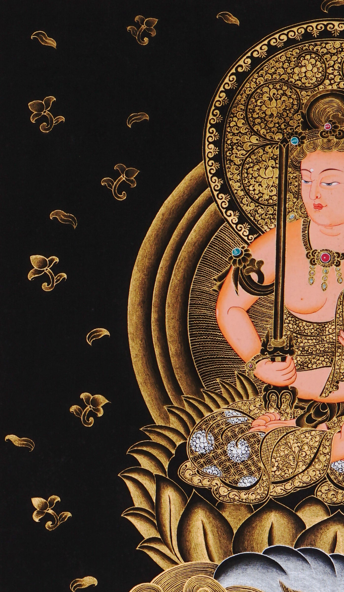 Monju Bosatsu thangka painting seated on sacred lion with wisdom sword in black and gold style