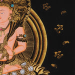 Monju Bosatsu thangka painting seated on sacred lion with wisdom sword in black and gold style