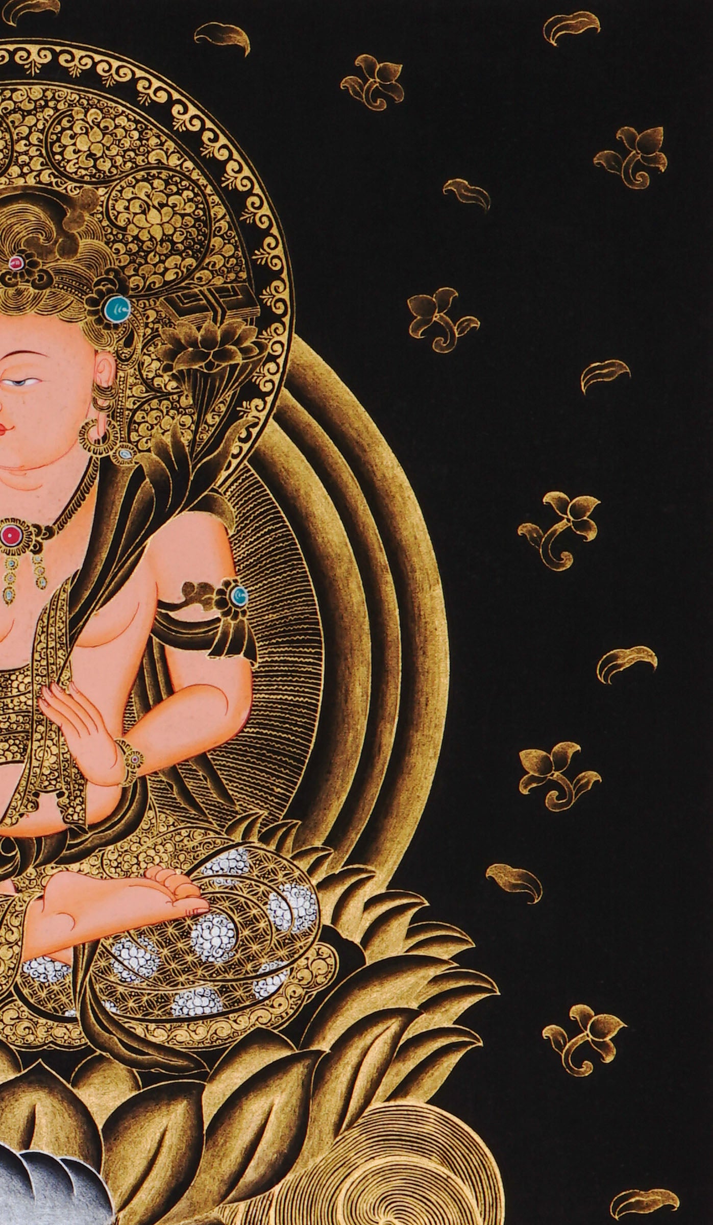Monju Bosatsu thangka painting seated on sacred lion with wisdom sword in black and gold style