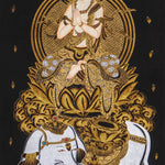Samantabhadra Fugen Bosatsu thangka seated on white elephant in black and gold style