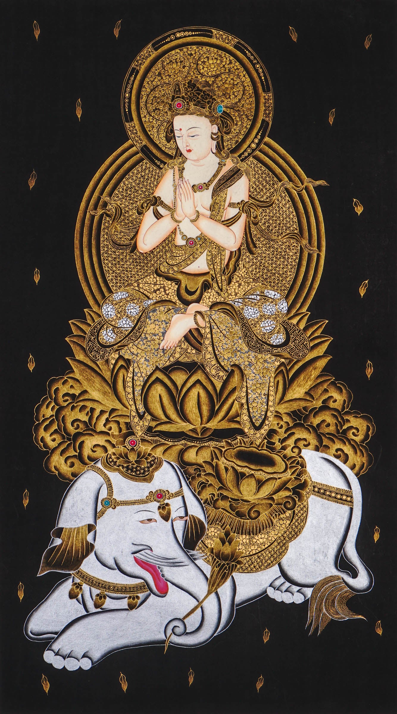 Samantabhadra Fugen Bosatsu thangka seated on white elephant in black and gold style