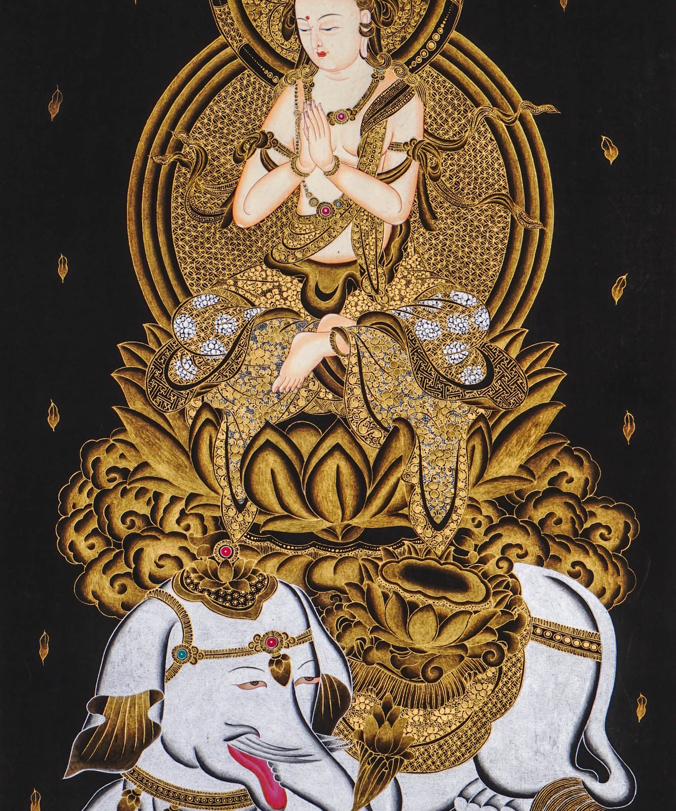 Samantabhadra Fugen Bosatsu thangka seated on white elephant in black and gold style