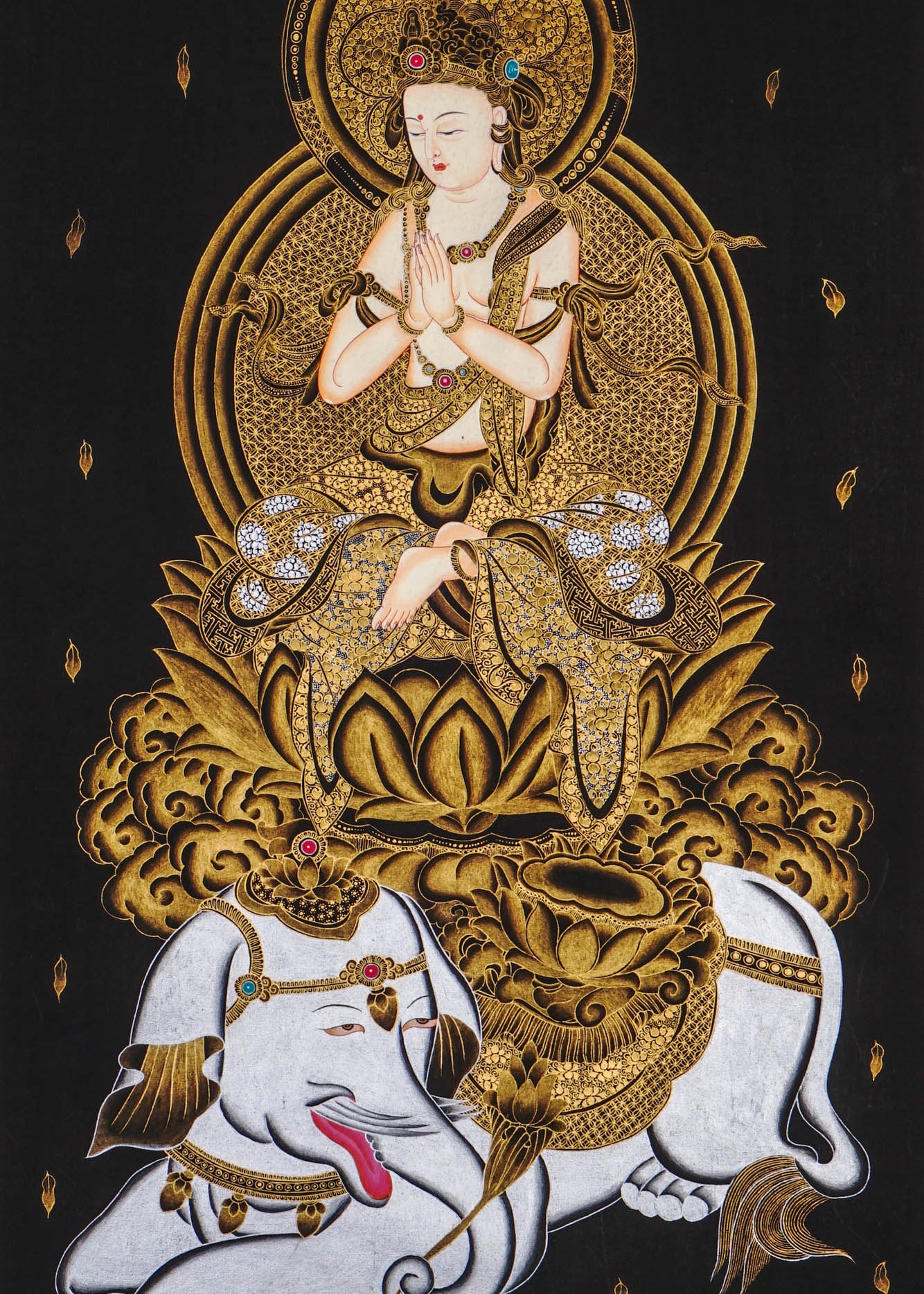 Samantabhadra Fugen Bosatsu thangka seated on white elephant in black and gold style