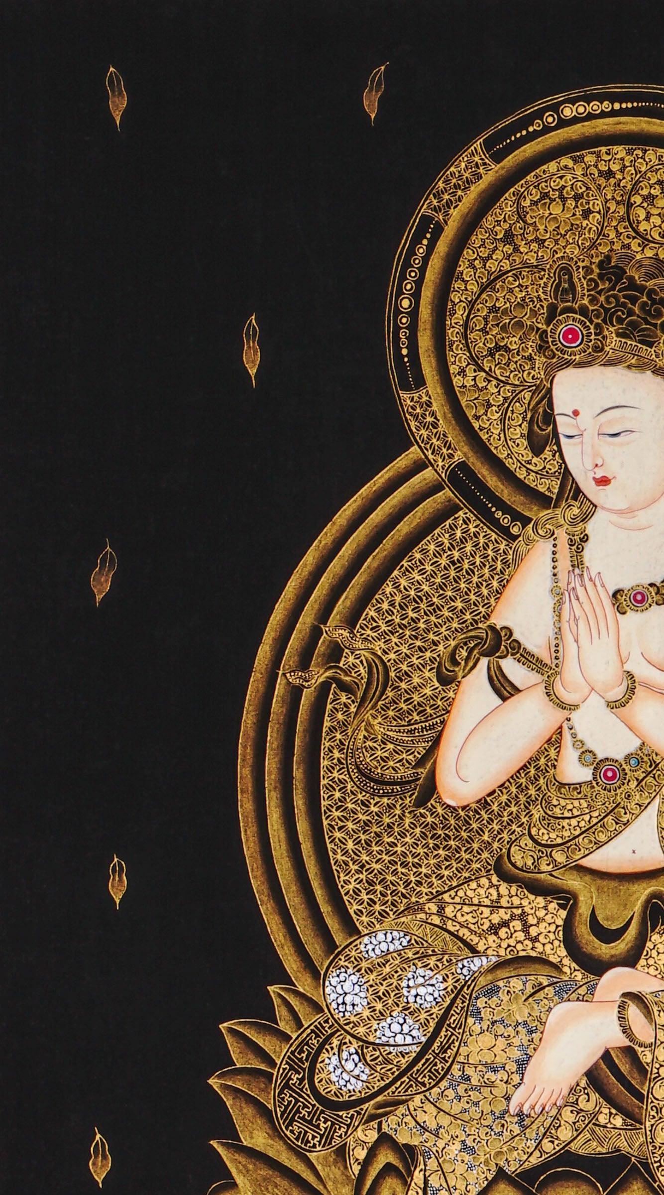 Samantabhadra Fugen Bosatsu thangka seated on white elephant in black and gold style