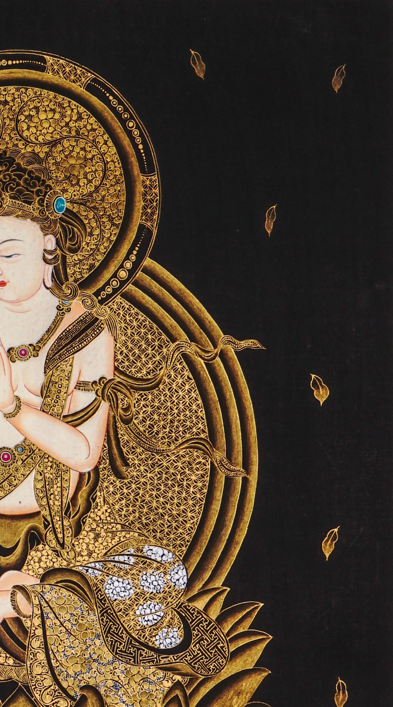 Samantabhadra Fugen Bosatsu thangka seated on white elephant in black and gold style