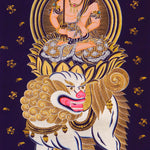 Monju Bosatsu thangka painting seated on lion with wisdom sword