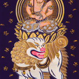 Monju Bosatsu thangka painting seated on lion with wisdom sword