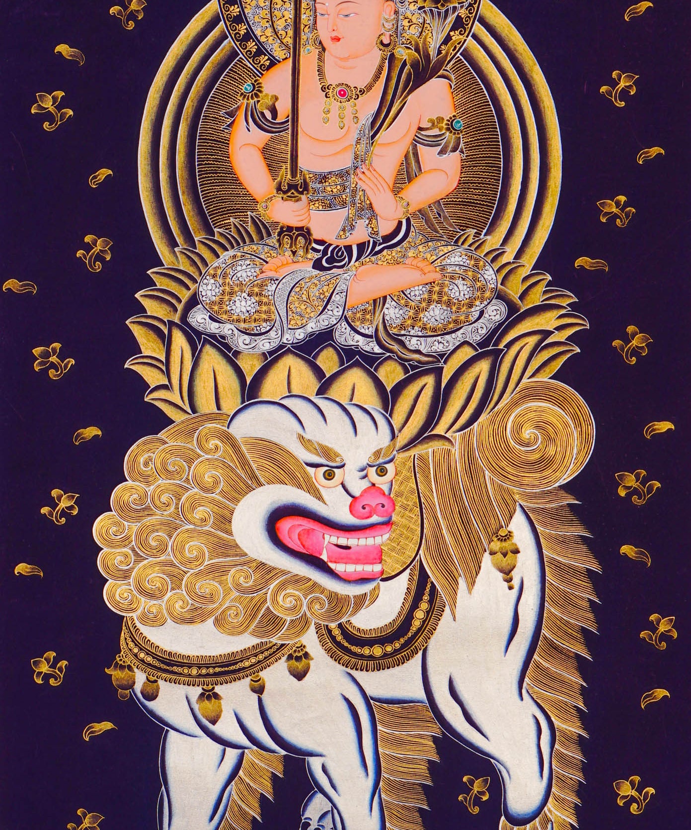 Monju Bosatsu thangka painting seated on lion with wisdom sword