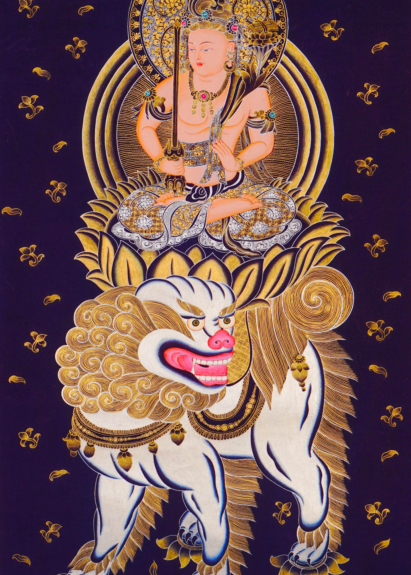 Monju Bosatsu thangka painting seated on lion with wisdom sword