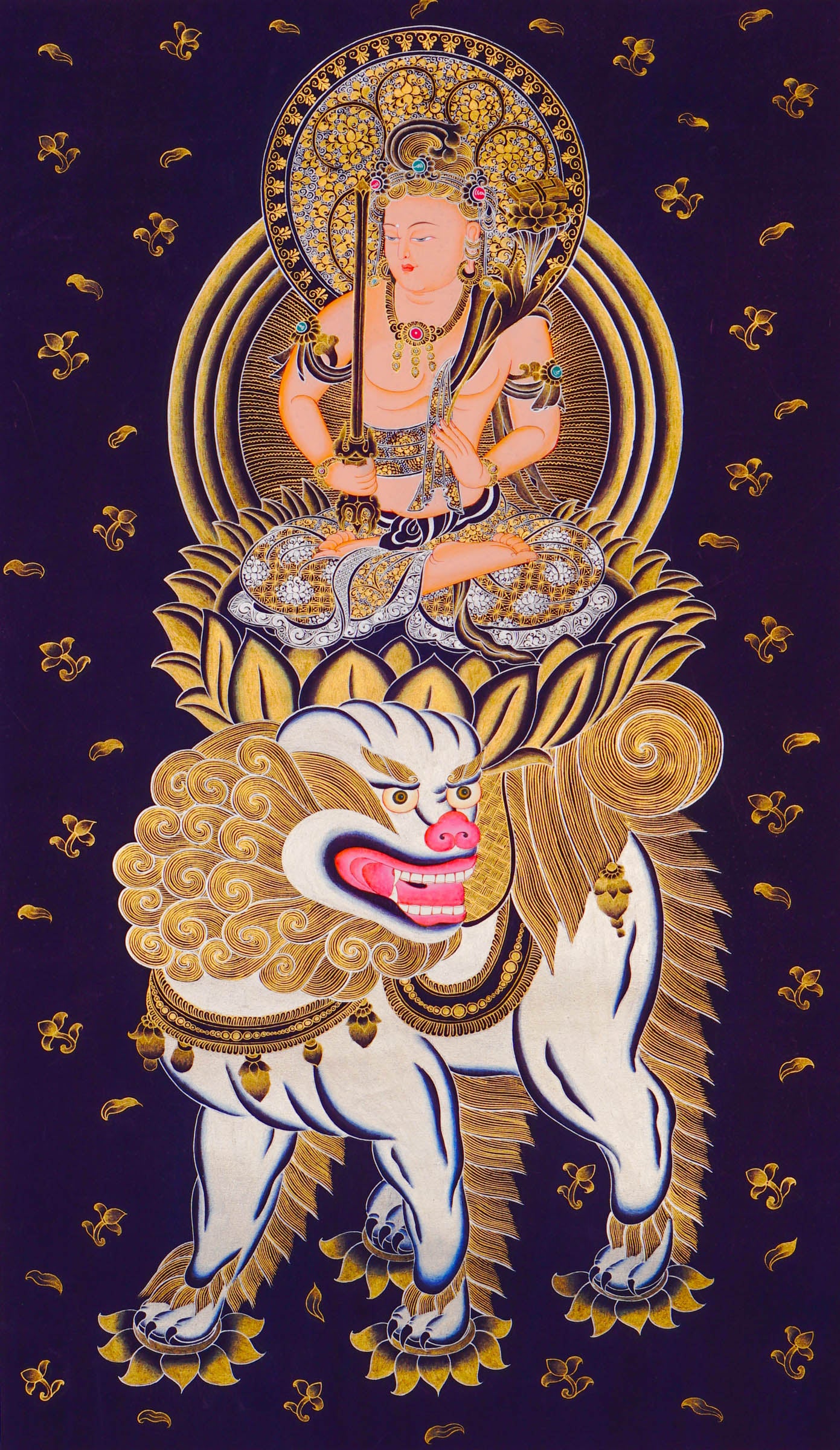 Monju Bosatsu thangka painting seated on lion with wisdom sword