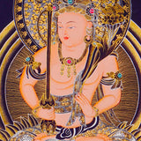 Monju Bosatsu thangka painting seated on lion with wisdom sword