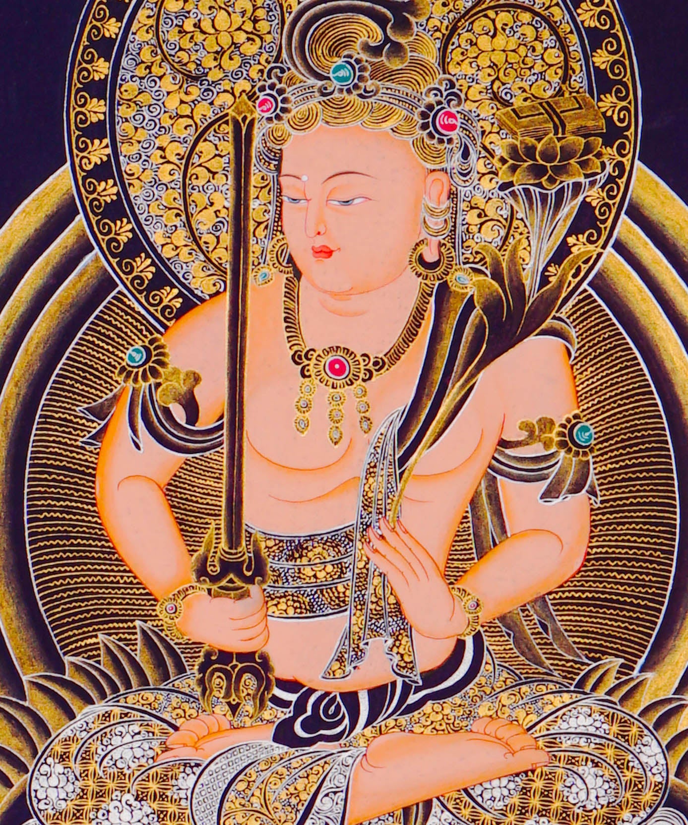 Monju Bosatsu thangka painting seated on lion with wisdom sword