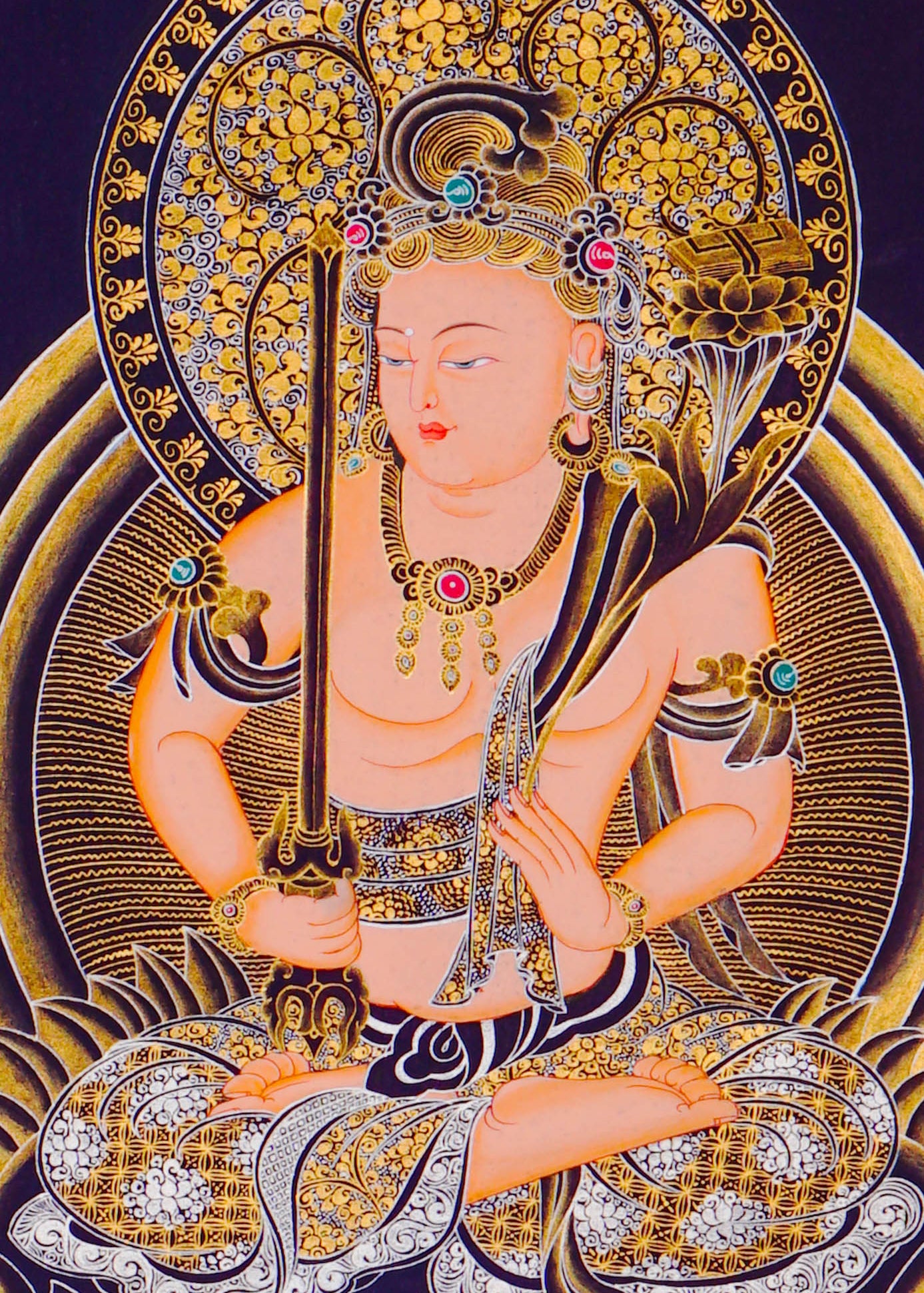 Monju Bosatsu thangka painting seated on lion with wisdom sword