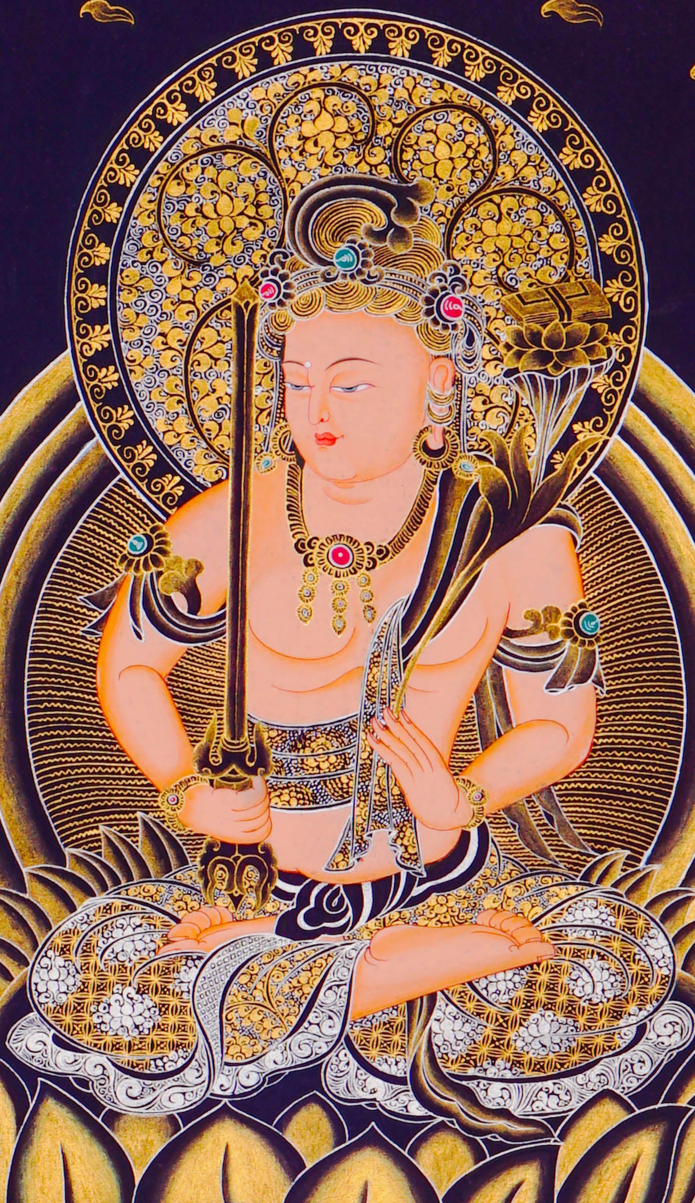 Monju Bosatsu thangka painting seated on lion with wisdom sword