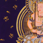Monju Bosatsu thangka painting seated on lion with wisdom sword