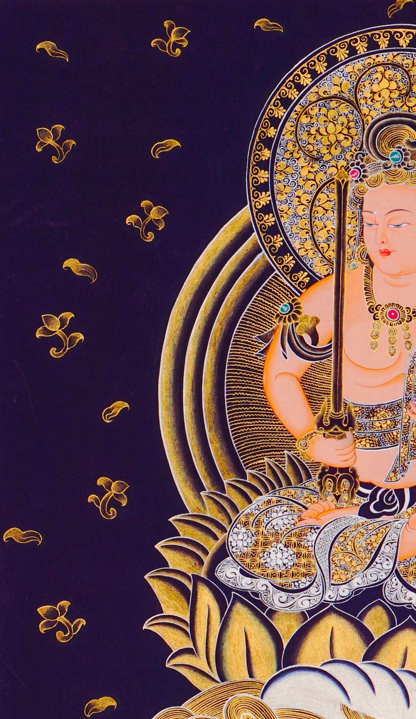 Monju Bosatsu thangka painting seated on lion with wisdom sword