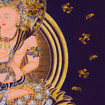 Monju Bosatsu thangka painting seated on lion with wisdom sword
