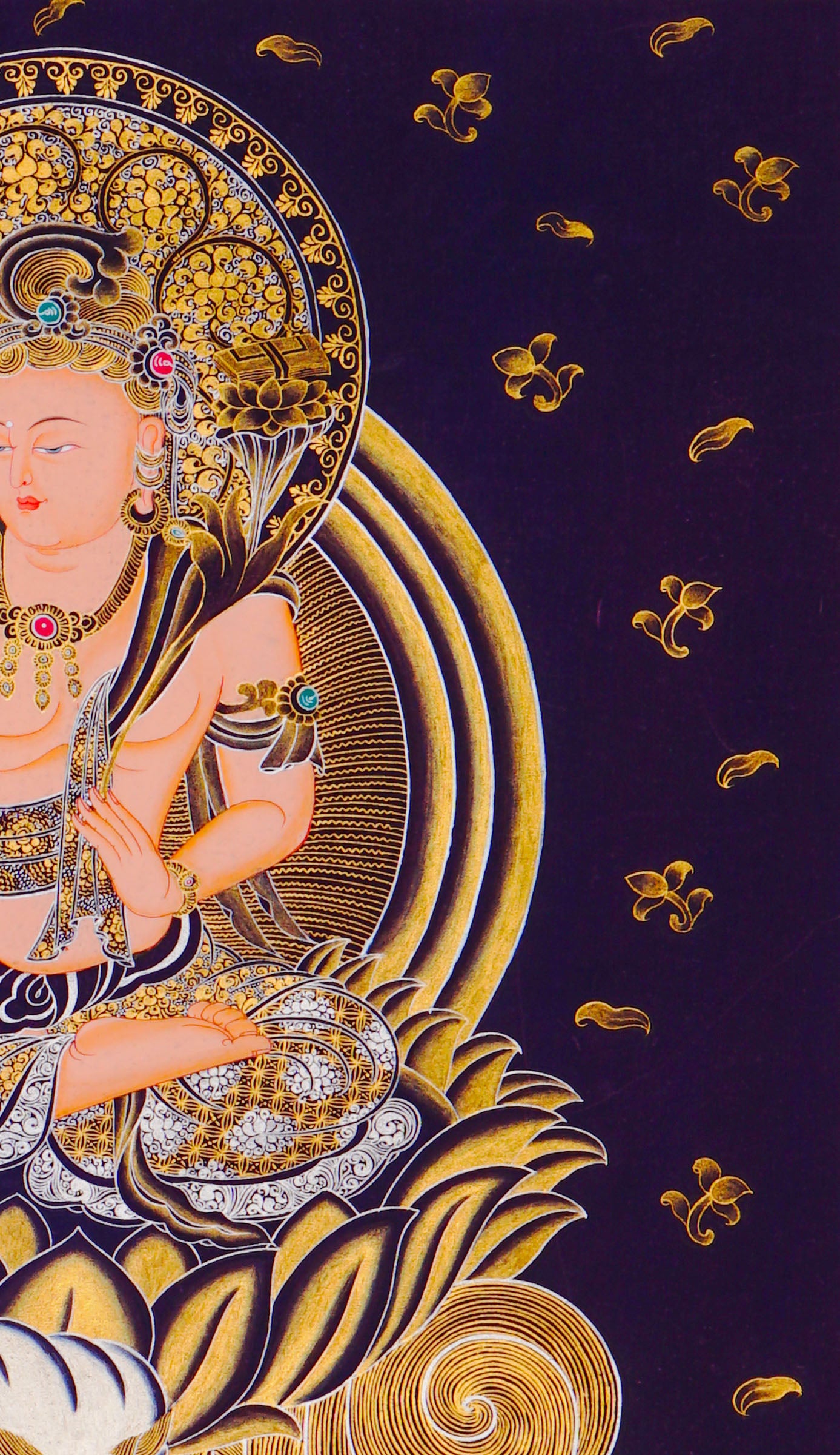 Monju Bosatsu thangka painting seated on lion with wisdom sword