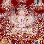 Chenrezig Thangka painting with red background, Avalokiteshvara seated on lotus throne, and traditional Tibetan Buddhist compassion symbolism.