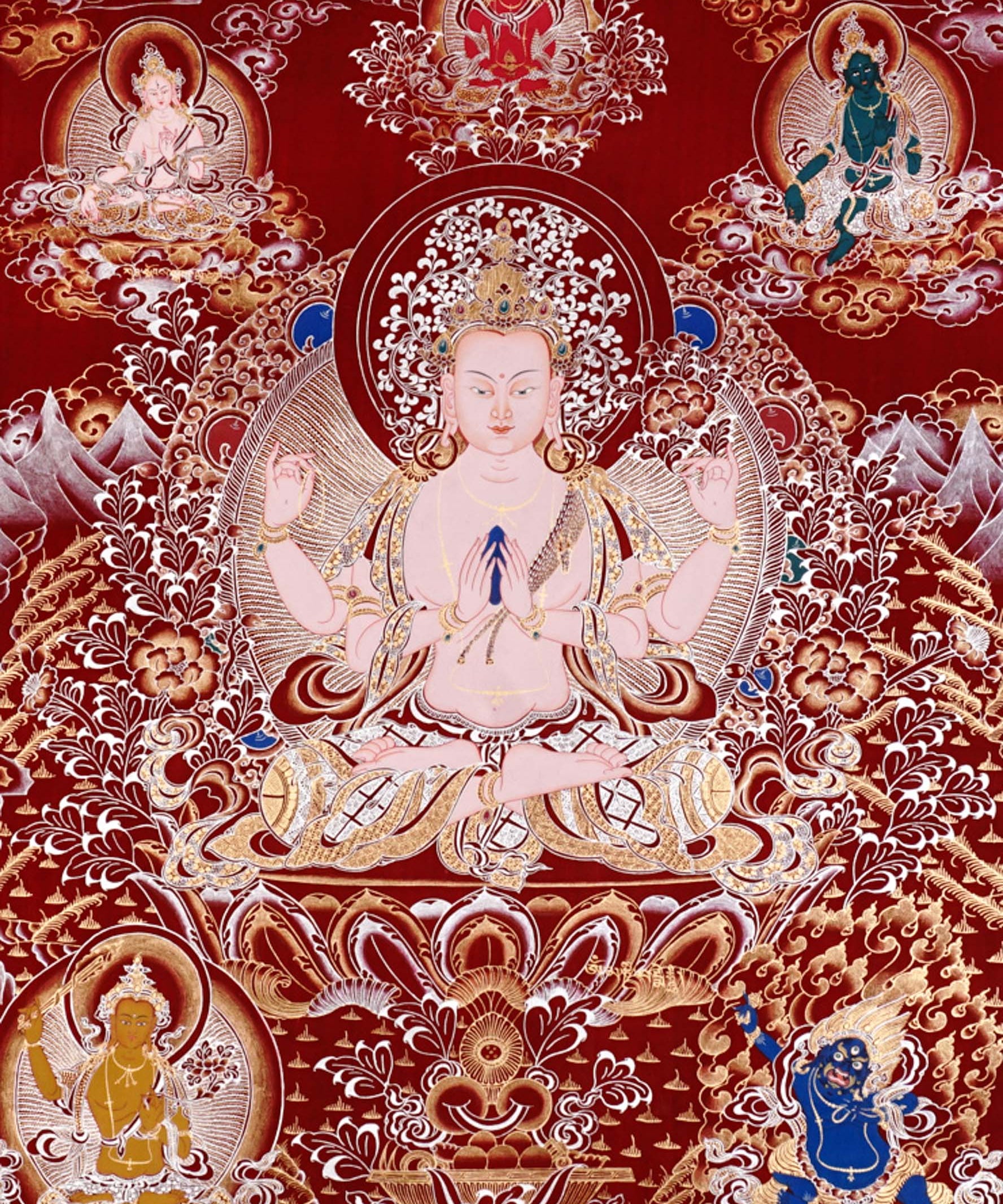 Chenrezig Thangka painting with red background, Avalokiteshvara seated on lotus throne, and traditional Tibetan Buddhist compassion symbolism.
