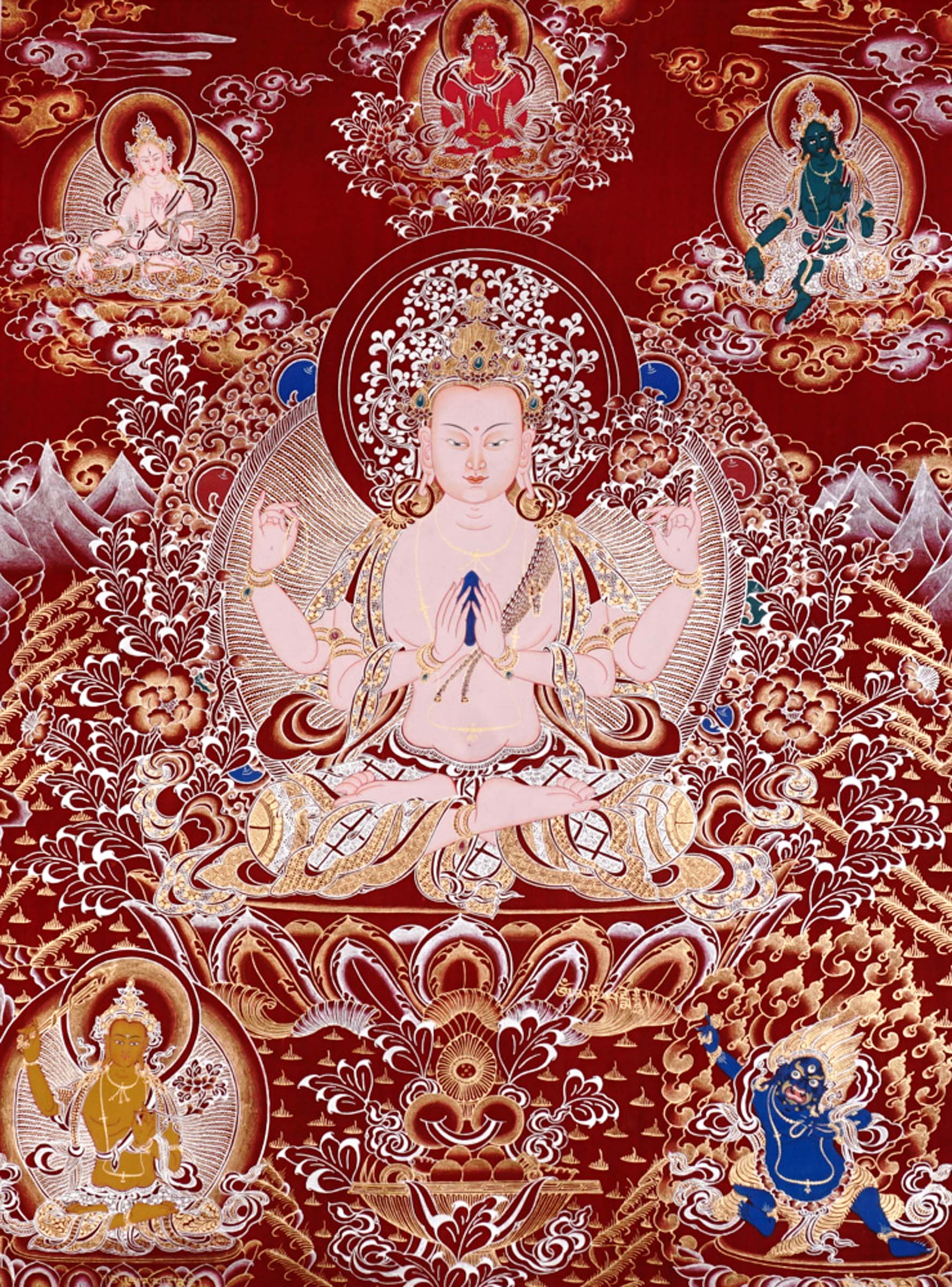 Chenrezig Thangka painting with red background, Avalokiteshvara seated on lotus throne, and traditional Tibetan Buddhist compassion symbolism.