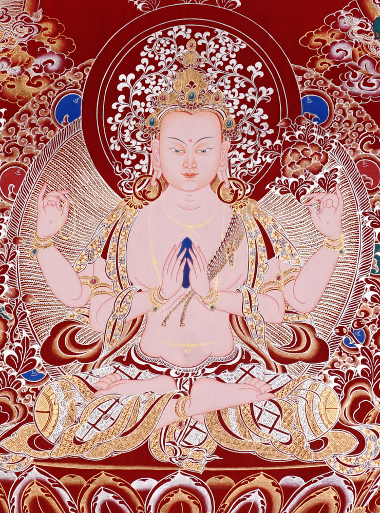Chenrezig Thangka painting with red background, Avalokiteshvara seated on lotus throne, and traditional Tibetan Buddhist compassion symbolism.