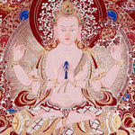 Chenrezig Thangka painting with red background, Avalokiteshvara seated on lotus throne, and traditional Tibetan Buddhist compassion symbolism.