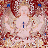 Chenrezig Thangka painting with red background, Avalokiteshvara seated on lotus throne, and traditional Tibetan Buddhist compassion symbolism.