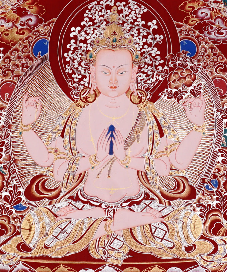 Chenrezig Thangka painting with red background, Avalokiteshvara seated on lotus throne, and traditional Tibetan Buddhist compassion symbolism.