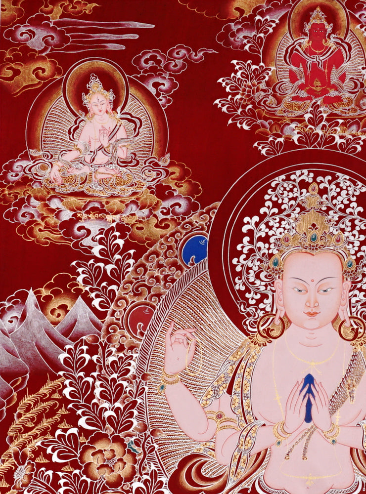 Chenrezig Thangka painting with red background, Avalokiteshvara seated on lotus throne, and traditional Tibetan Buddhist compassion symbolism.