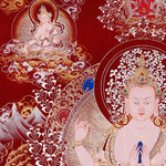 Chenrezig Thangka painting with red background, Avalokiteshvara seated on lotus throne, and traditional Tibetan Buddhist compassion symbolism.