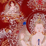 Chenrezig Thangka painting with red background, Avalokiteshvara seated on lotus throne, and traditional Tibetan Buddhist compassion symbolism.
