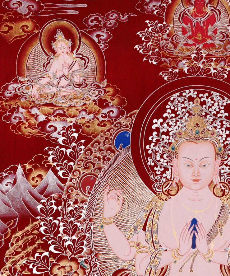 Chenrezig Thangka painting with red background, Avalokiteshvara seated on lotus throne, and traditional Tibetan Buddhist compassion symbolism.