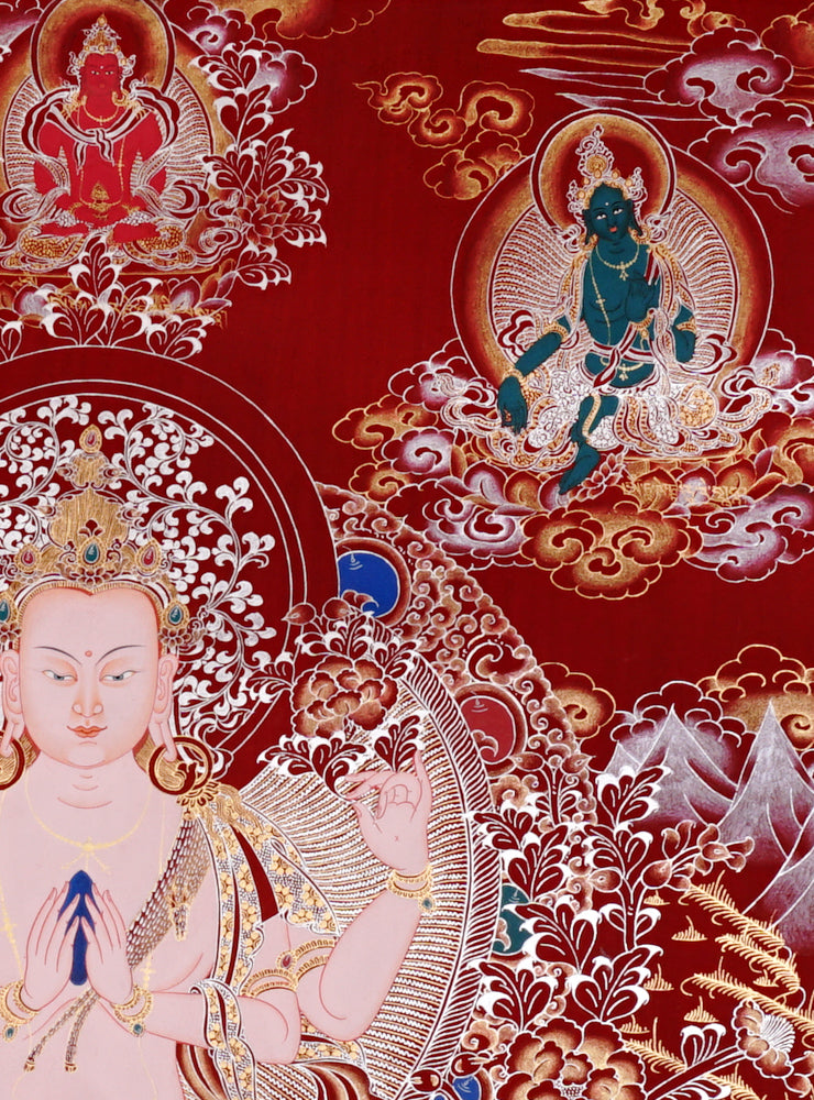 Chenrezig Thangka painting with red background, Avalokiteshvara seated on lotus throne, and traditional Tibetan Buddhist compassion symbolism.