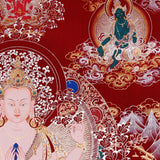 Chenrezig Thangka painting with red background, Avalokiteshvara seated on lotus throne, and traditional Tibetan Buddhist compassion symbolism.