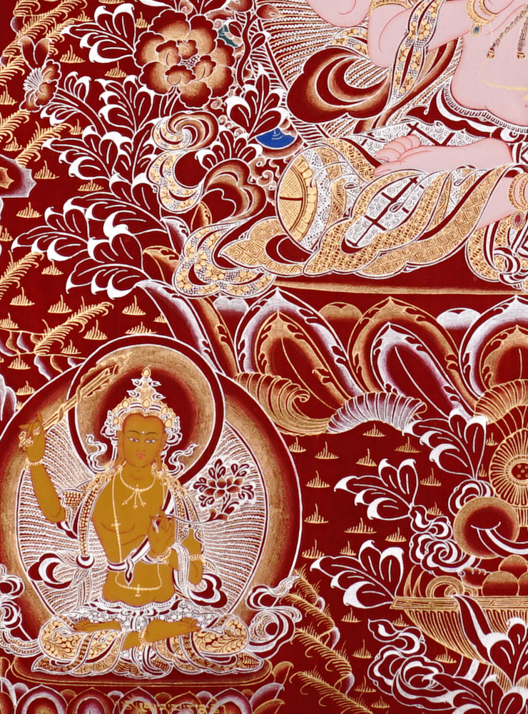 Chenrezig Thangka painting with red background, Avalokiteshvara seated on lotus throne, and traditional Tibetan Buddhist compassion symbolism.
