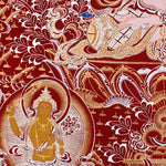 Chenrezig Thangka painting with red background, Avalokiteshvara seated on lotus throne, and traditional Tibetan Buddhist compassion symbolism.