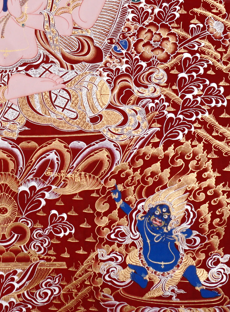 Chenrezig Thangka painting with red background, Avalokiteshvara seated on lotus throne, and traditional Tibetan Buddhist compassion symbolism.
