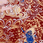 Chenrezig Thangka painting with red background, Avalokiteshvara seated on lotus throne, and traditional Tibetan Buddhist compassion symbolism.