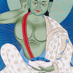 Closure of Milarepa thangka painting showing Tibetan yogi in listening posture.