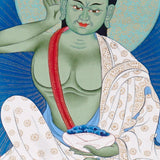 Closure of Milarepa thangka painting showing Tibetan yogi in listening posture.