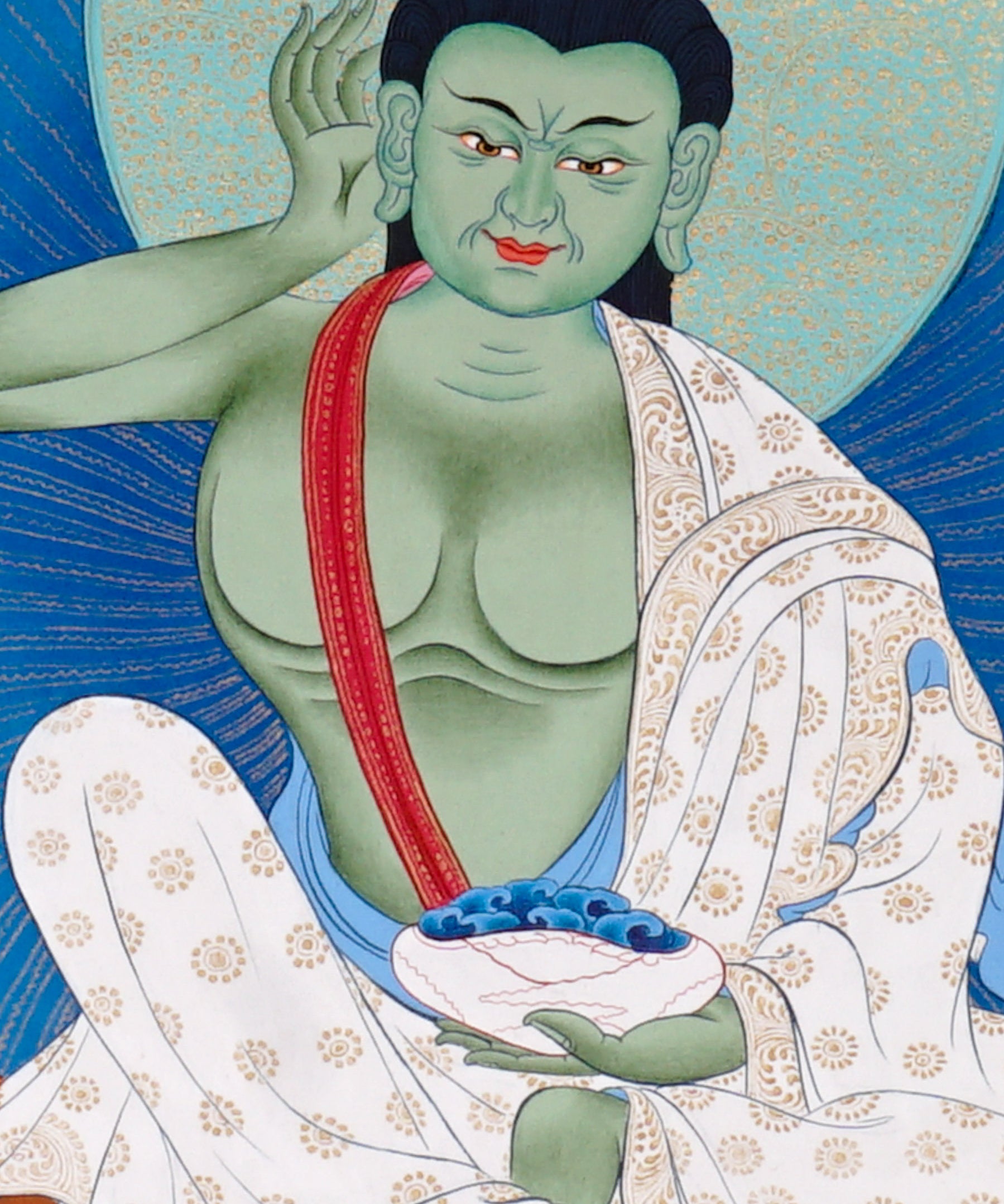 Closure of Milarepa thangka painting showing Tibetan yogi in listening posture.