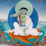 Milarepa thangka painting showing Tibetan yogi in listening posture with green body and traditional robes holding a bowl