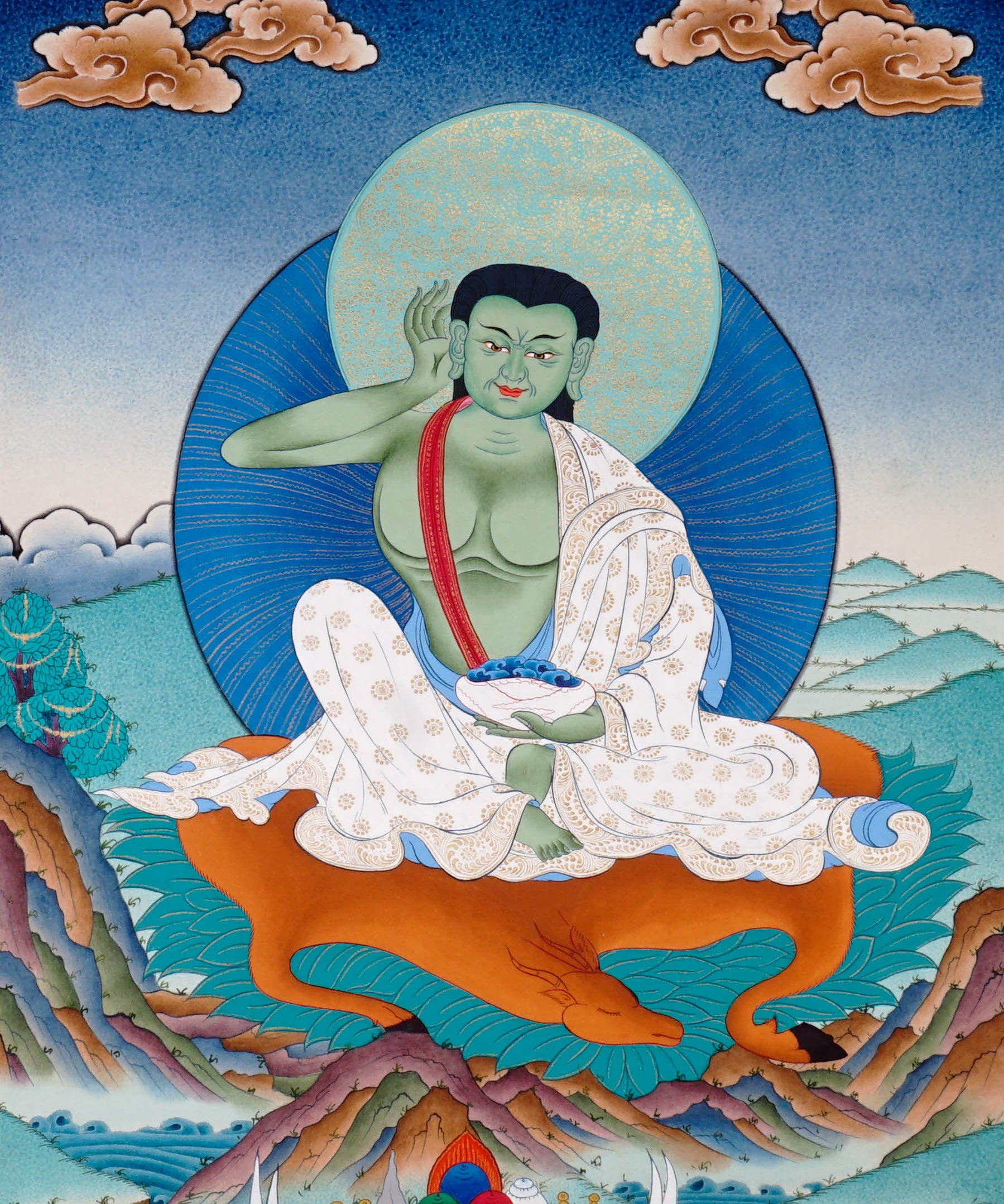 Milarepa thangka painting showing Tibetan yogi in listening posture with green body and traditional robes holding a bowl