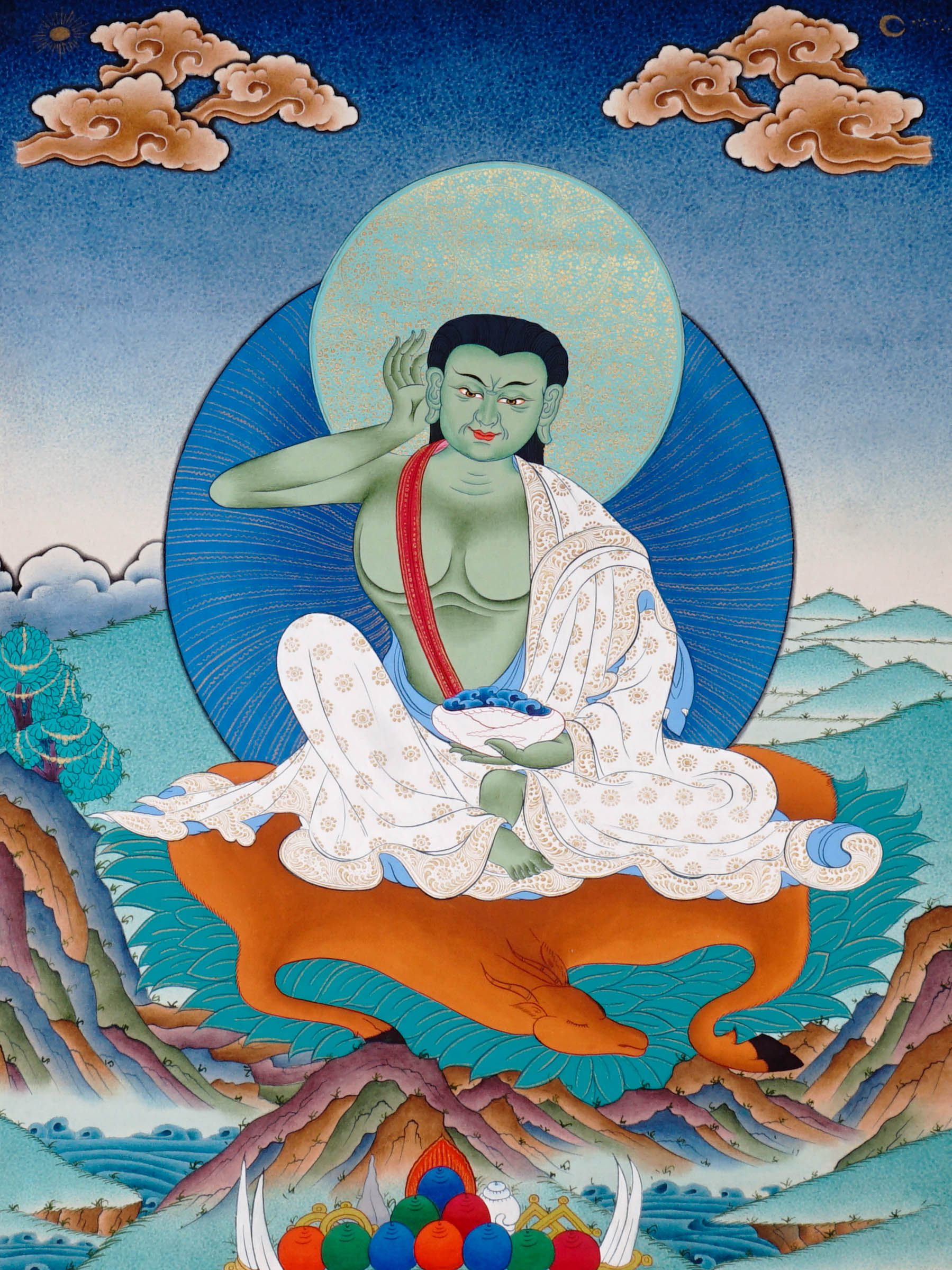 Milarepa thangka painting showing Tibetan yogi in listening posture with green body and traditional robes holding a bowl