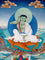 Milarepa thangka painting showing Tibetan yogi in listening posture with green body and traditional robes holding a bowl